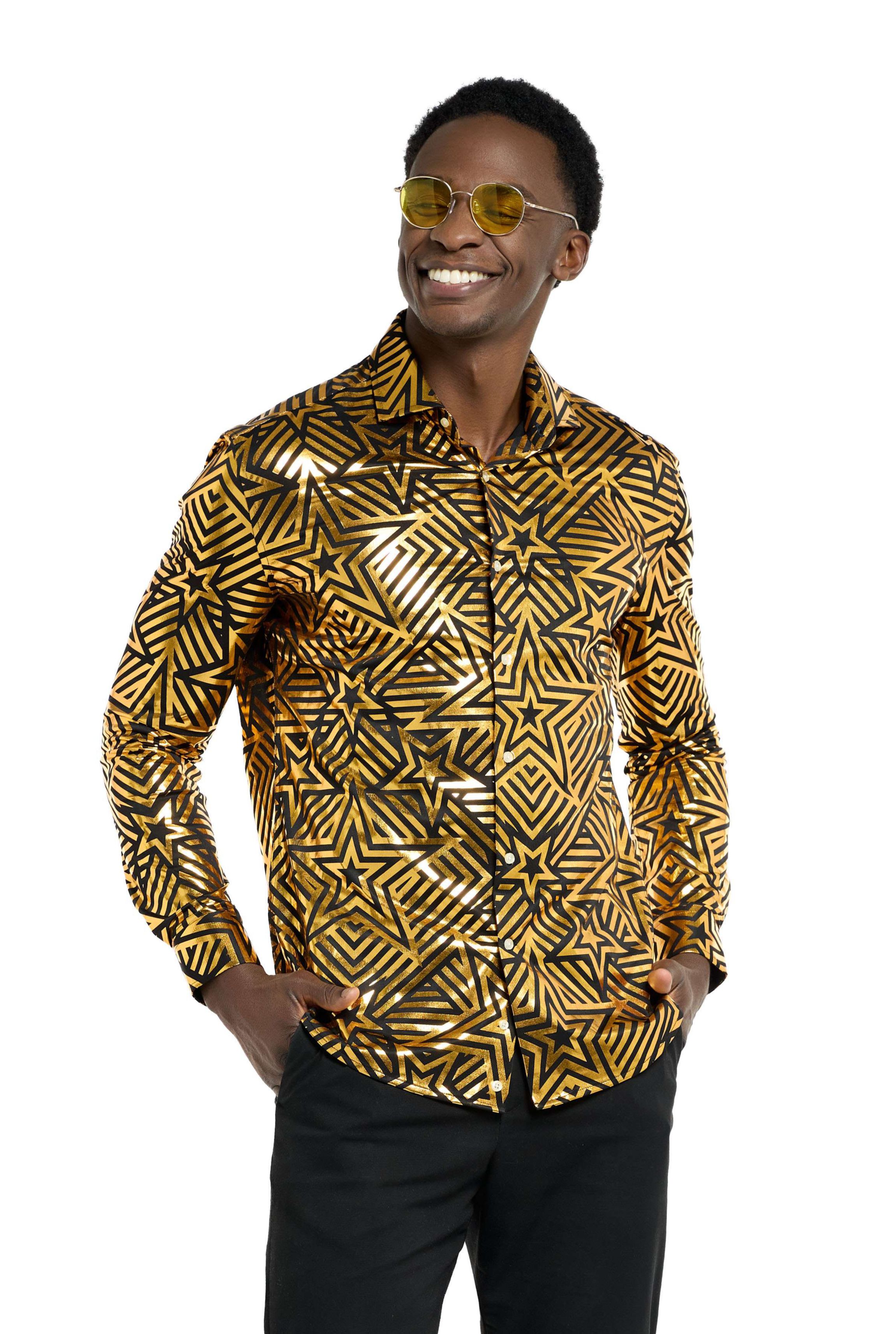 OppoSuits Mens Shirt - Long Sleeve Shirt - Golden Geo Star - Black