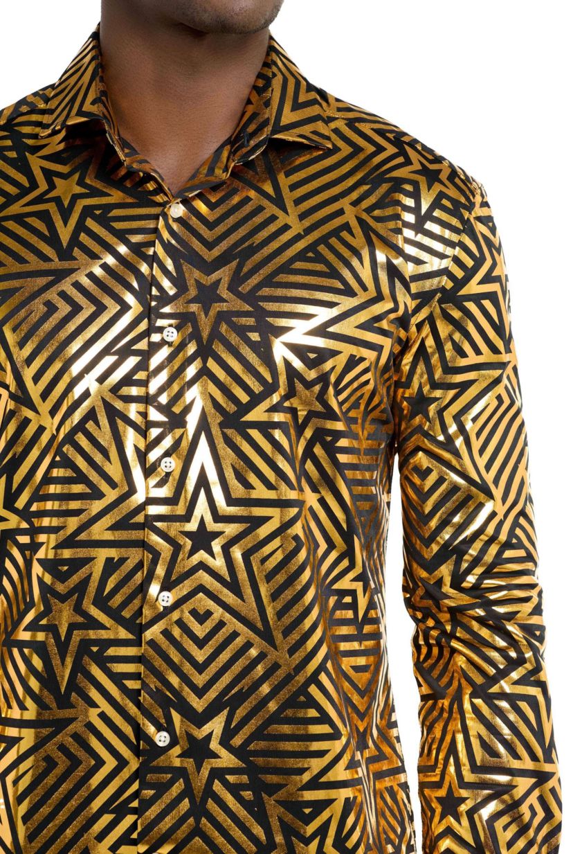 OppoSuits Mens Shirt - Long Sleeve Shirt - Golden Geo Star - Black