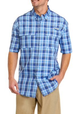 Ocean + Coast Men's Short Sleeve Plaid Fishing Shirt, Blue, Small