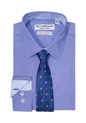 NICK GRAHAM Men's Open Diamond Neat Shirt/Tie Set, S 34/35, Cotton
