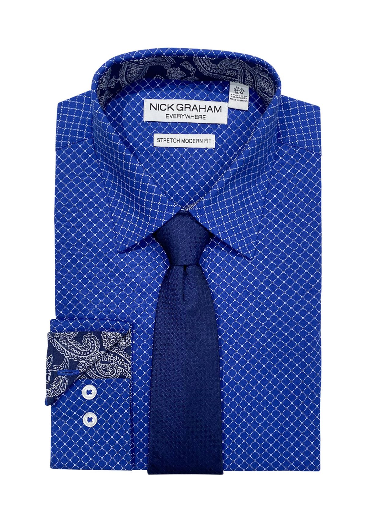 Mens Washington Square Grid Dress Shirt and Tie Set