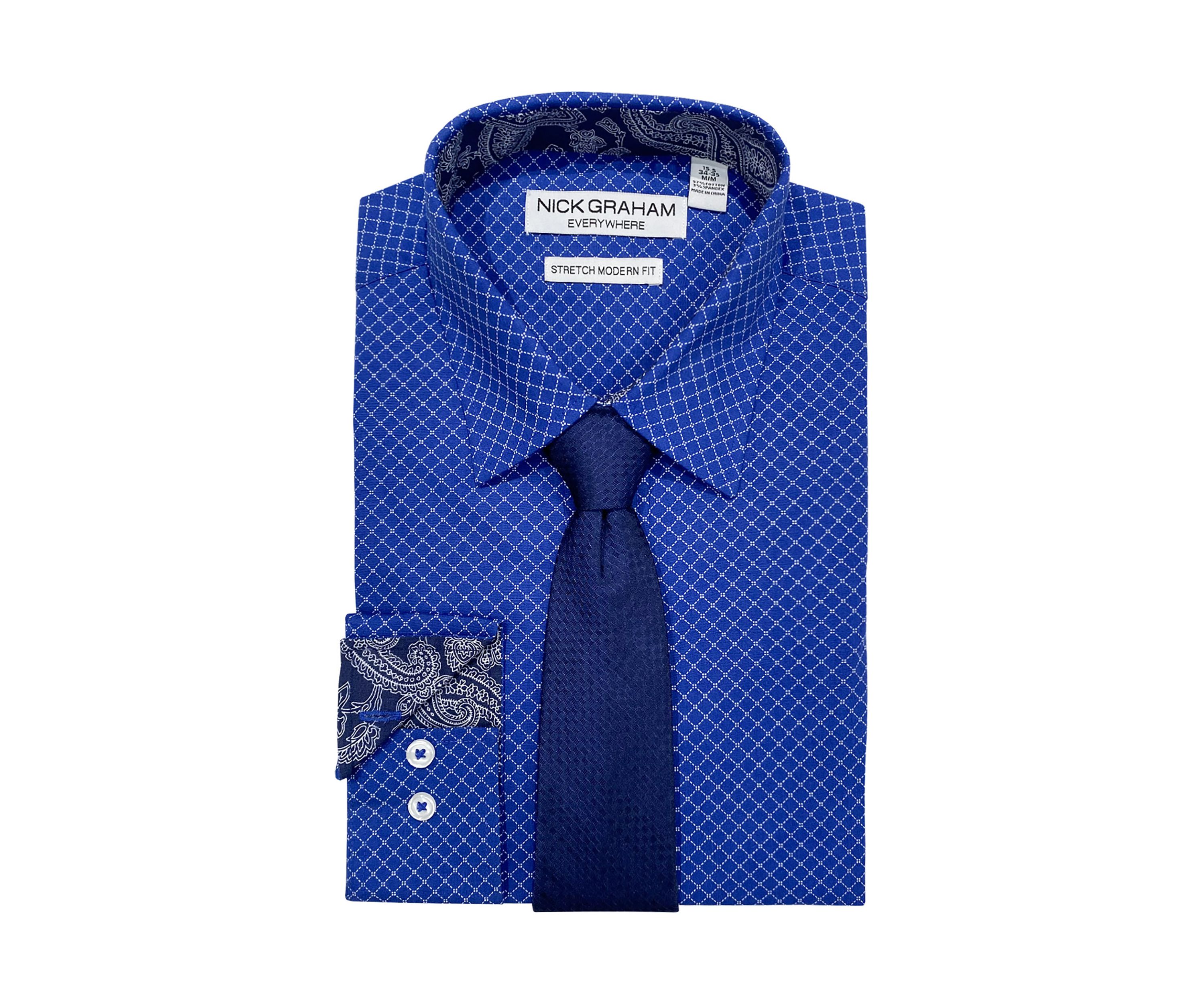 Mens Washington Square Grid Dress Shirt and Tie Set