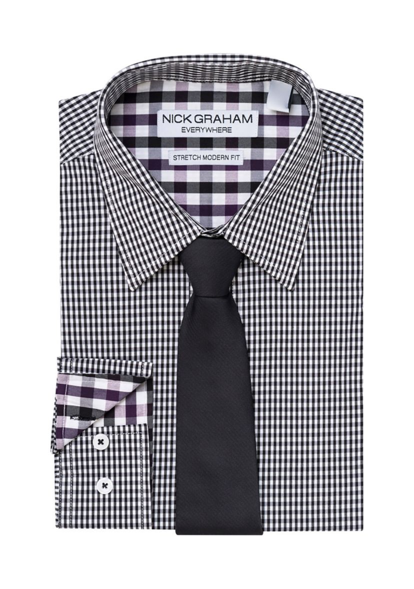 Mens Mini Gingham Shirt and Tie Set