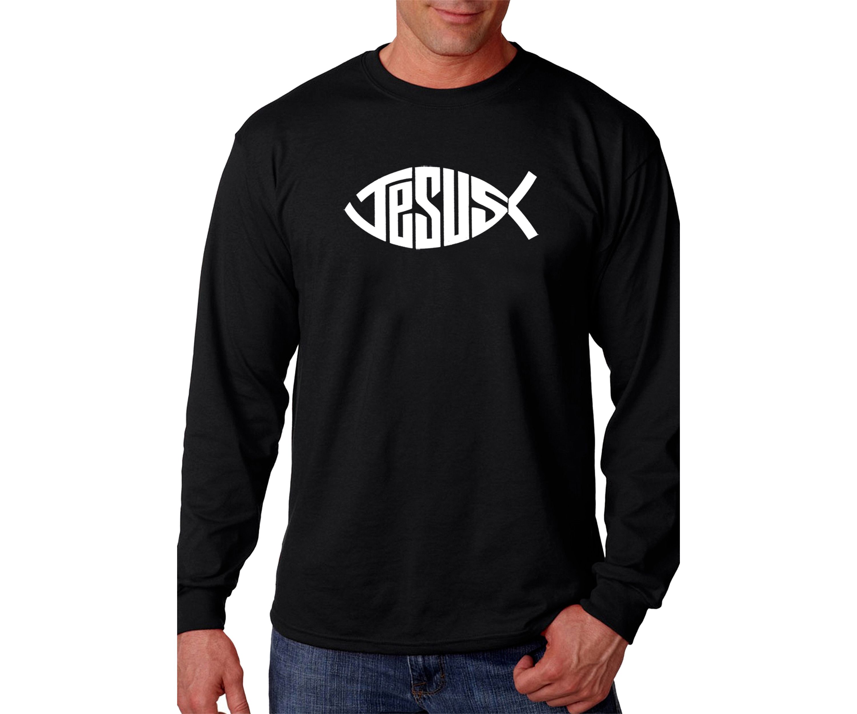 Word Art Long Sleeve Graphic T-Shirt - Christian Jesus Name Fish Symbol