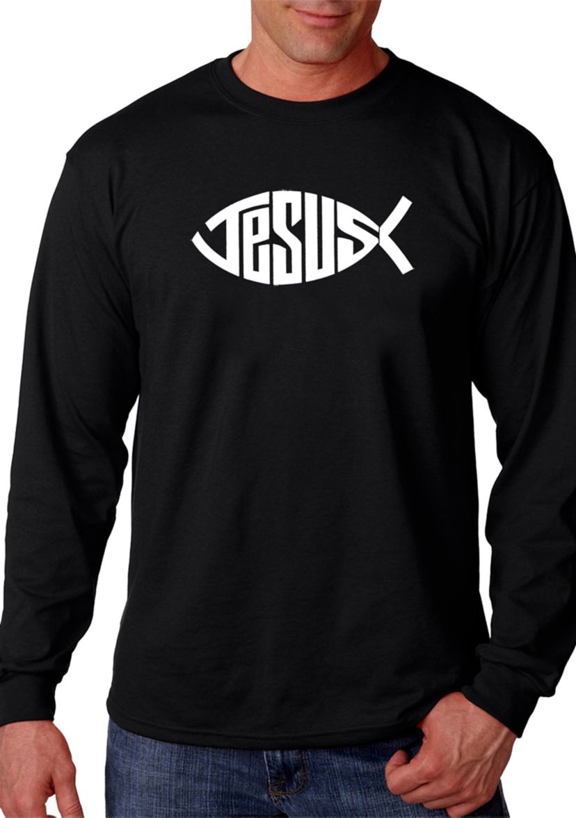 Word Art Long Sleeve Graphic T-Shirt - Christian Jesus Name Fish Symbol