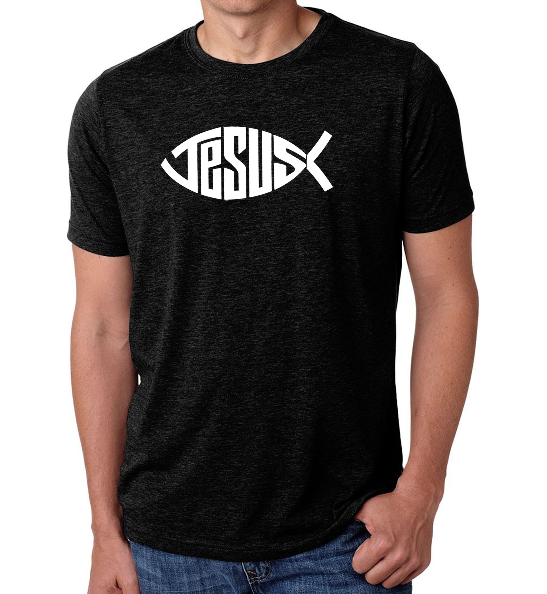 Premium Blend Word Art Graphic T-Shirt - Christian Jesus Name Fish Symbol