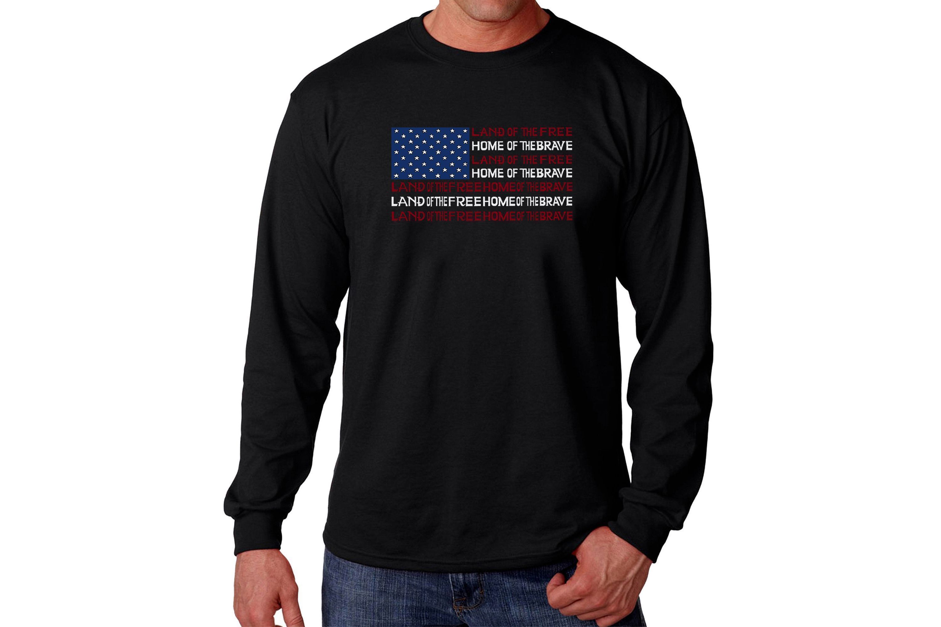 Mens Word Art Long Sleeve T-shirt - Land of the Free American Flag