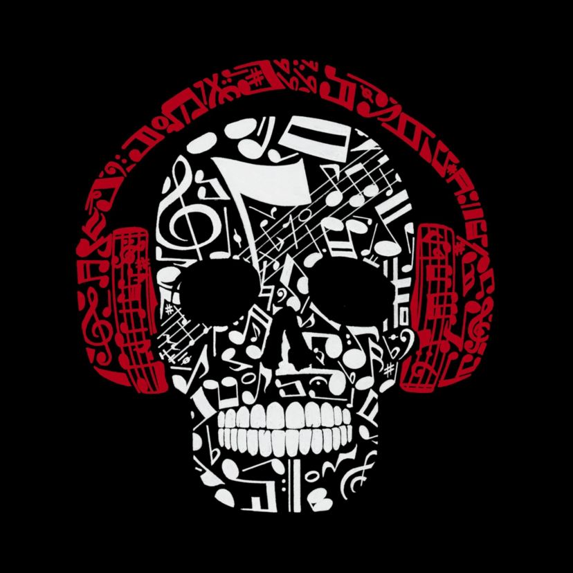 Mens Word Art Hooded Sweatshirt - Music Notes Skull
