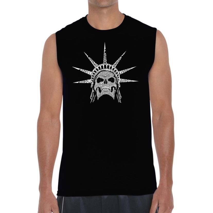 Mens Word Art Sleeveless T-shirt - Freedom Skull