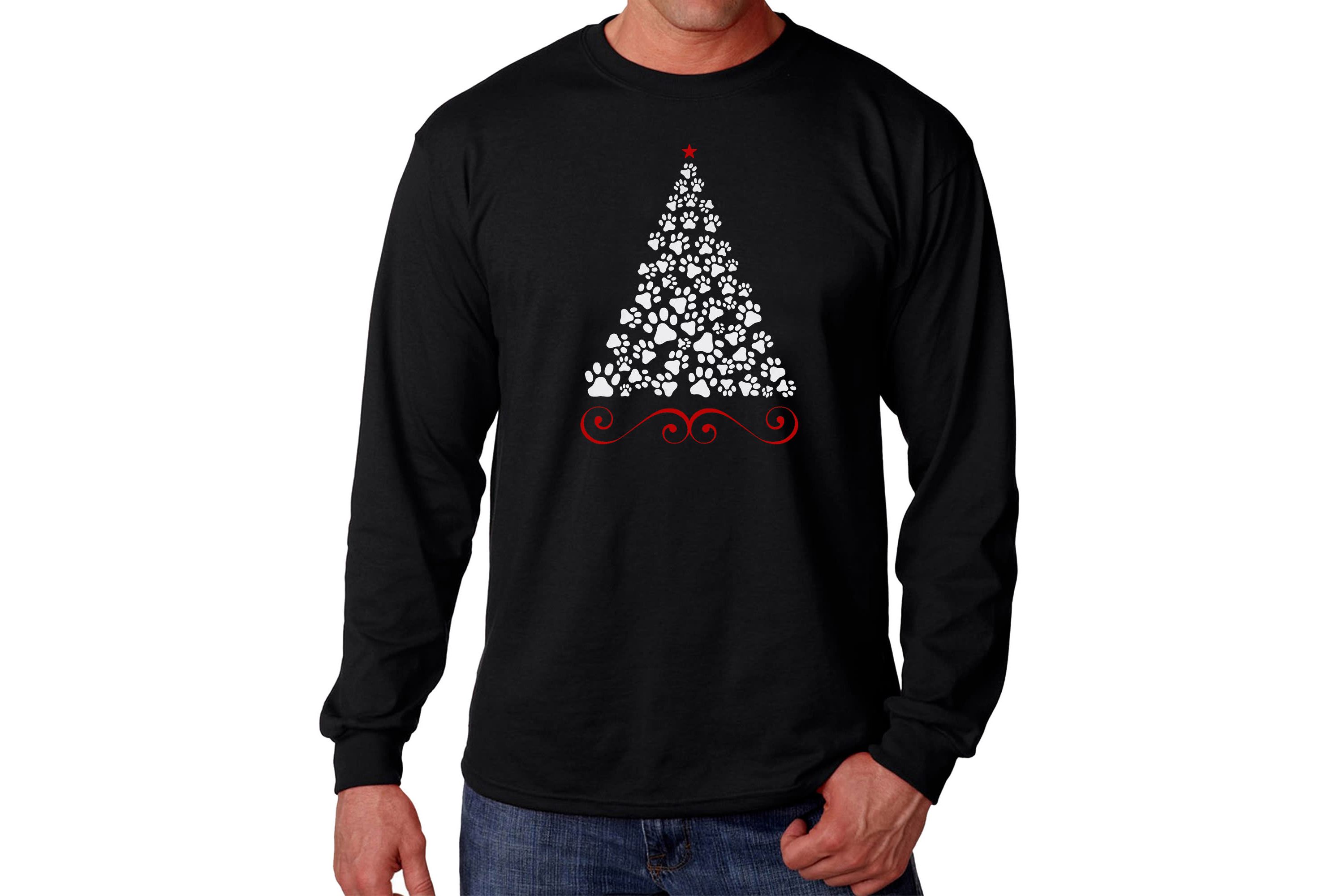 Mens Word Art Long Sleeve T-Shirt - Paw Christmas Tree