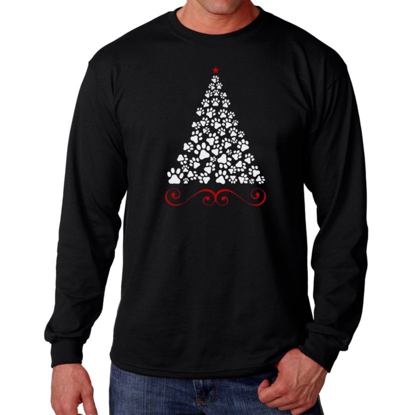 Mens Word Art Long Sleeve T-Shirt - Paw Christmas Tree