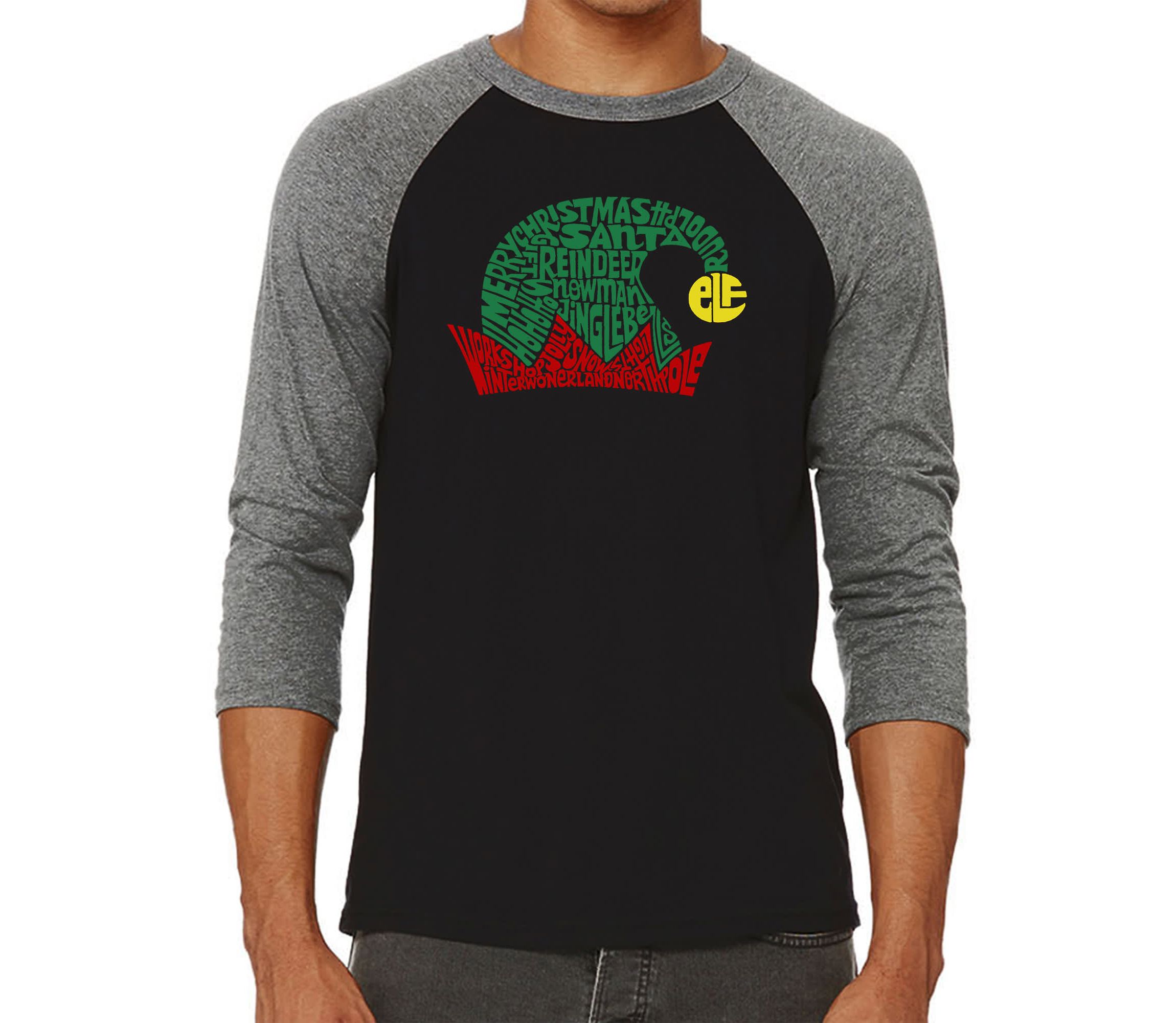 Mens Raglan Baseball Word Art T-Shirt  - Christmas Elf Hat