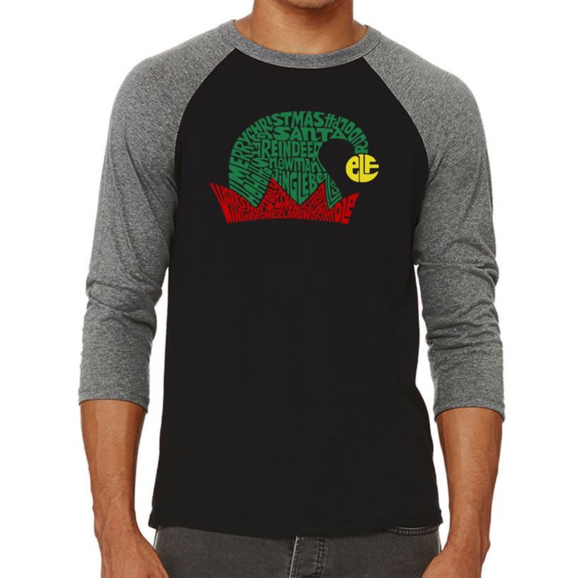 Mens Raglan Baseball Word Art T-Shirt  - Christmas Elf Hat