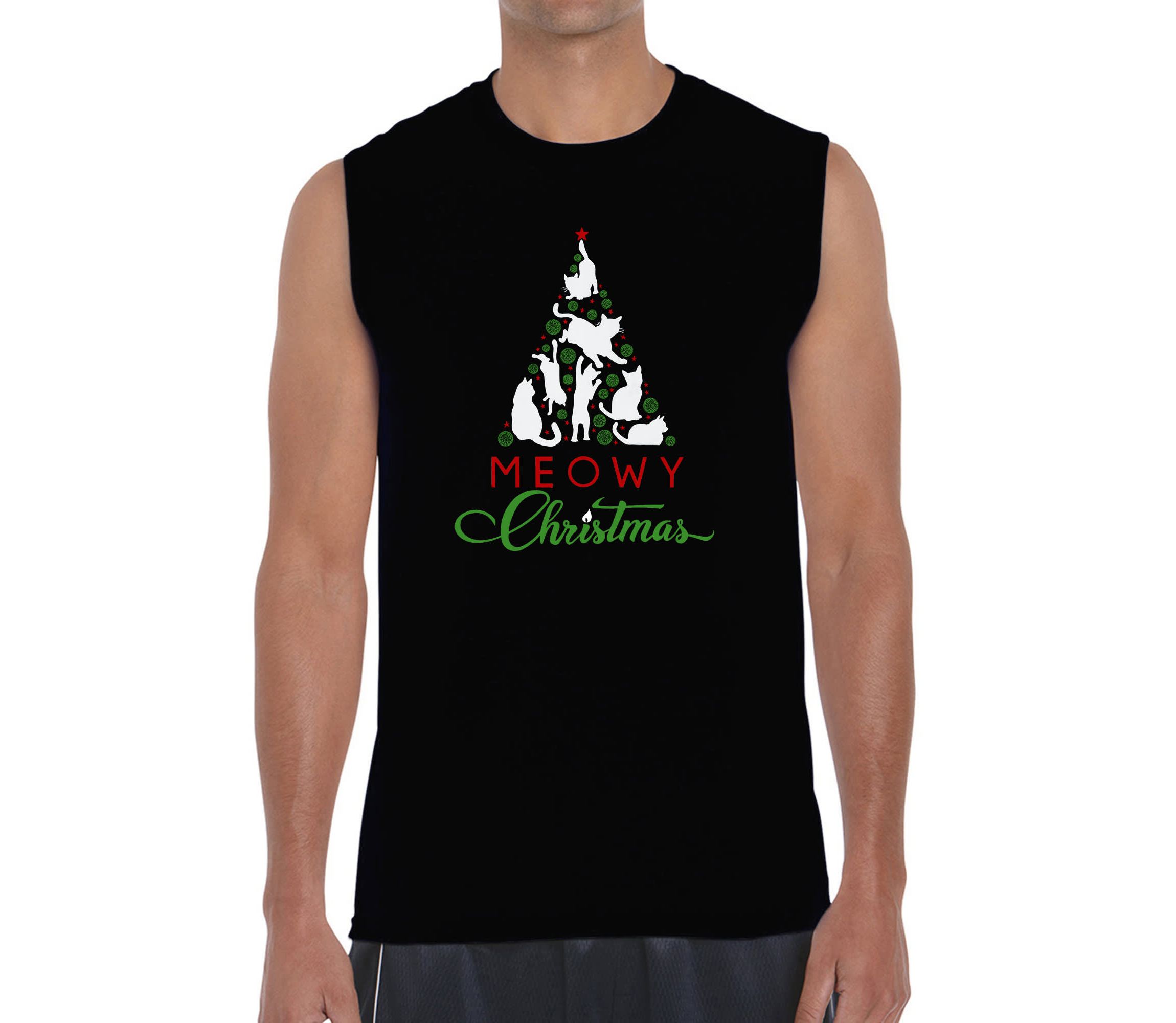 Mens Word Art Sleeveless T-Shirt - Meowy Christmas Tree