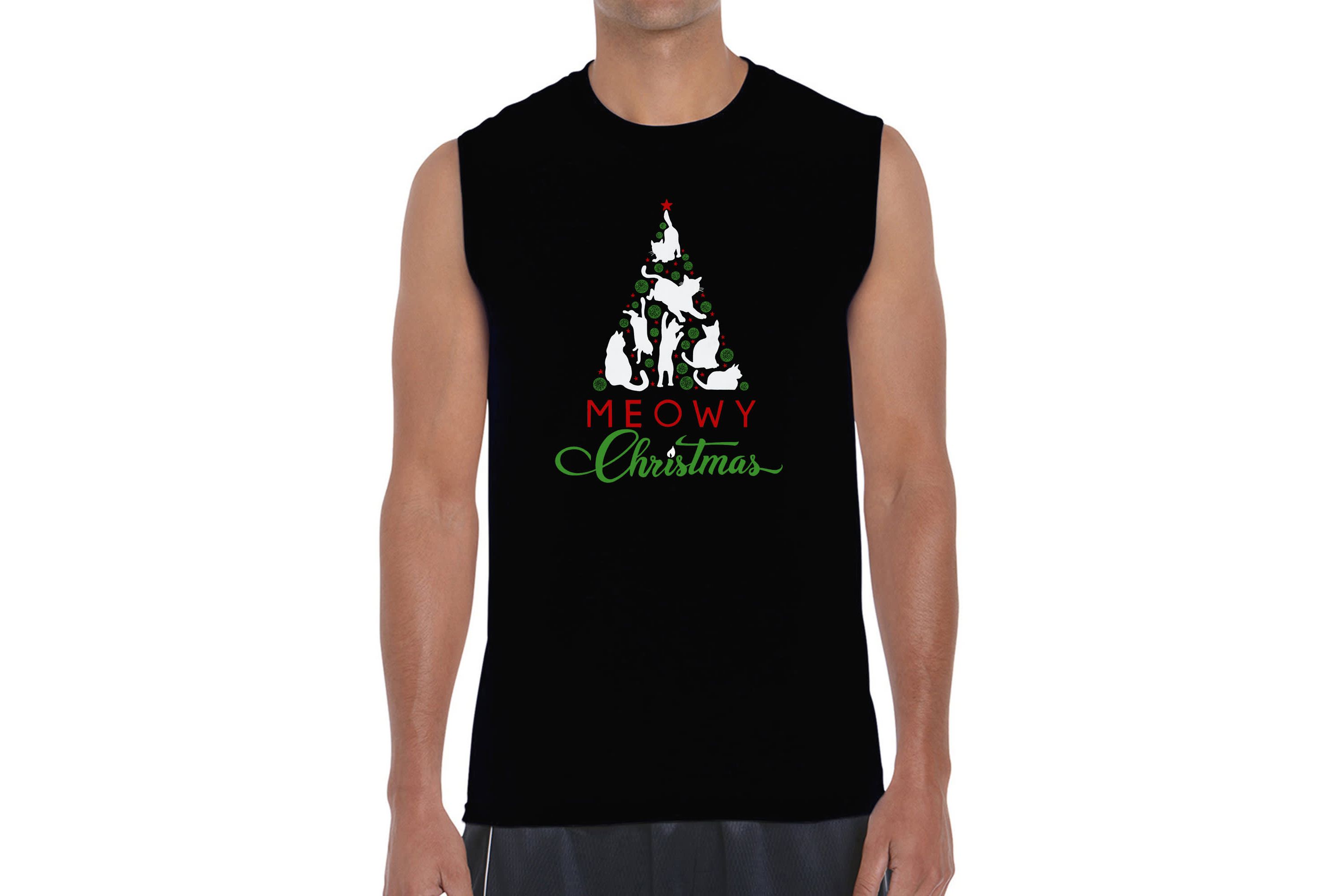 Mens Word Art Sleeveless T-Shirt - Meowy Christmas Tree
