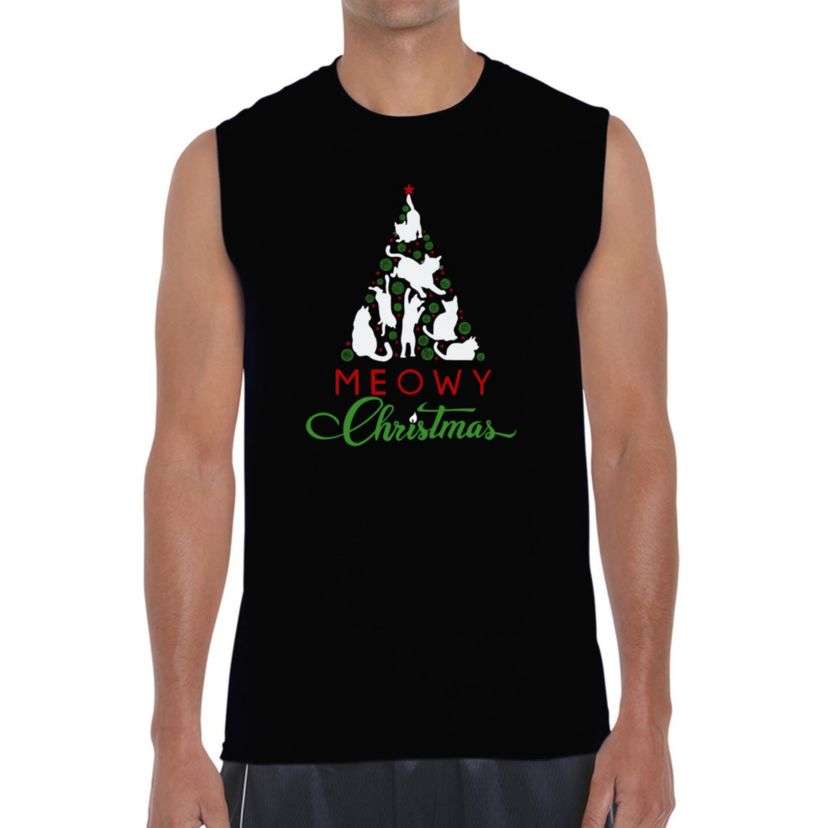 Mens Word Art Sleeveless T-Shirt - Meowy Christmas Tree