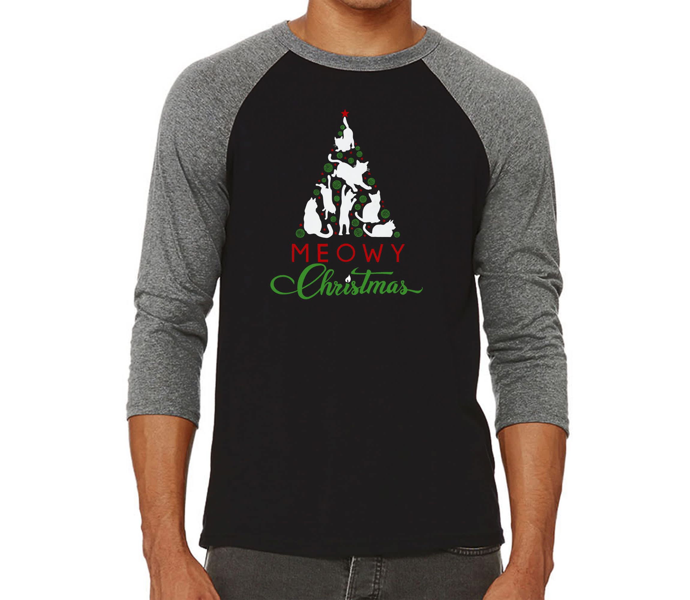 Mens Raglan Baseball Word Art T-Shirt - Meowy Christmas Tree