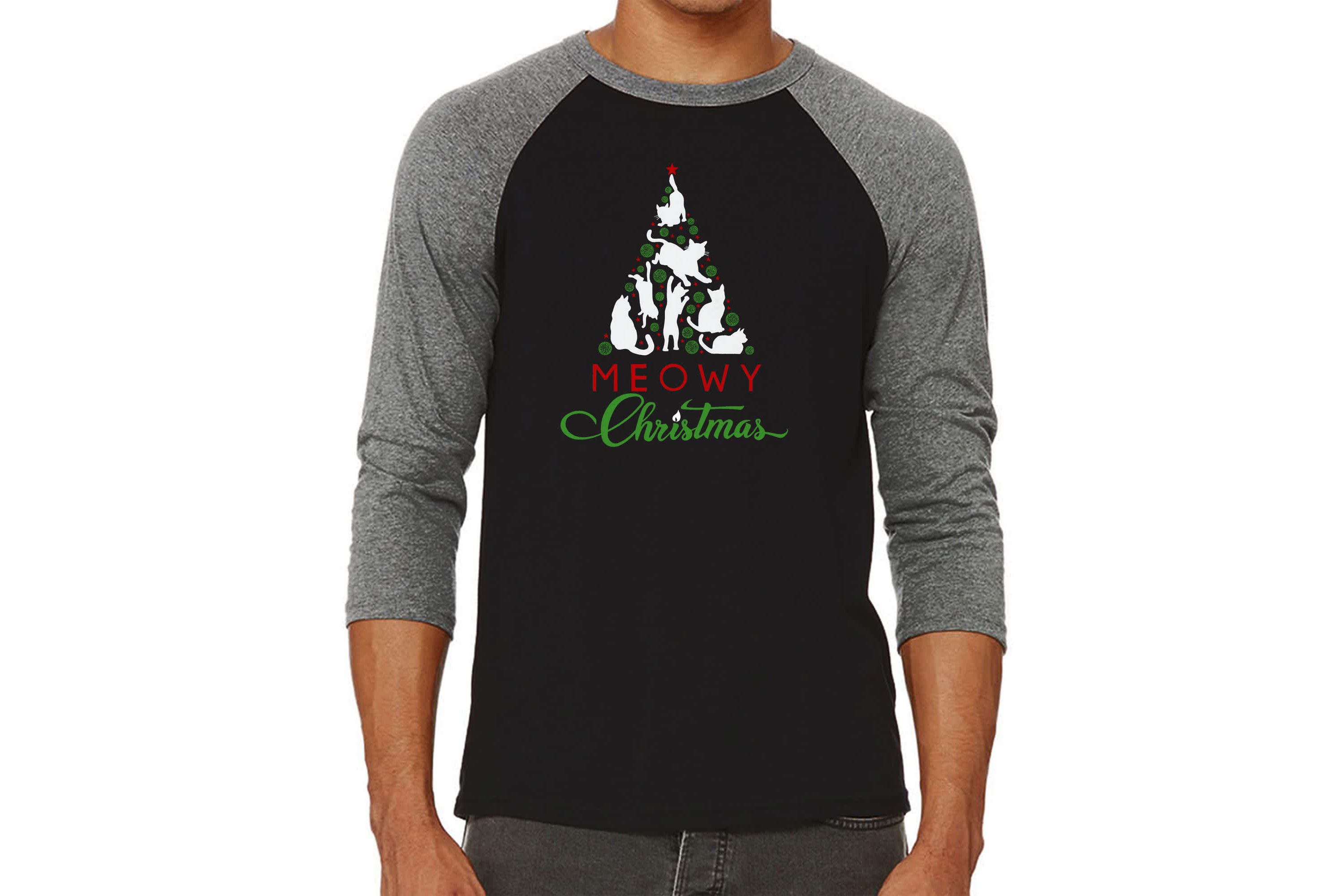 Mens Raglan Baseball Word Art T-Shirt - Meowy Christmas Tree