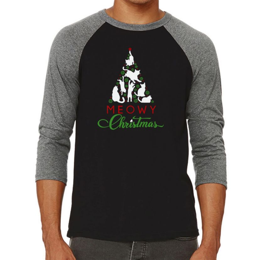 Mens Raglan Baseball Word Art T-Shirt - Meowy Christmas Tree