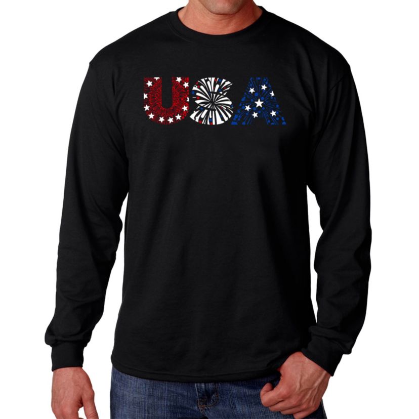 Mens Word Art Long Sleeve T-Shirt - USA Fireworks