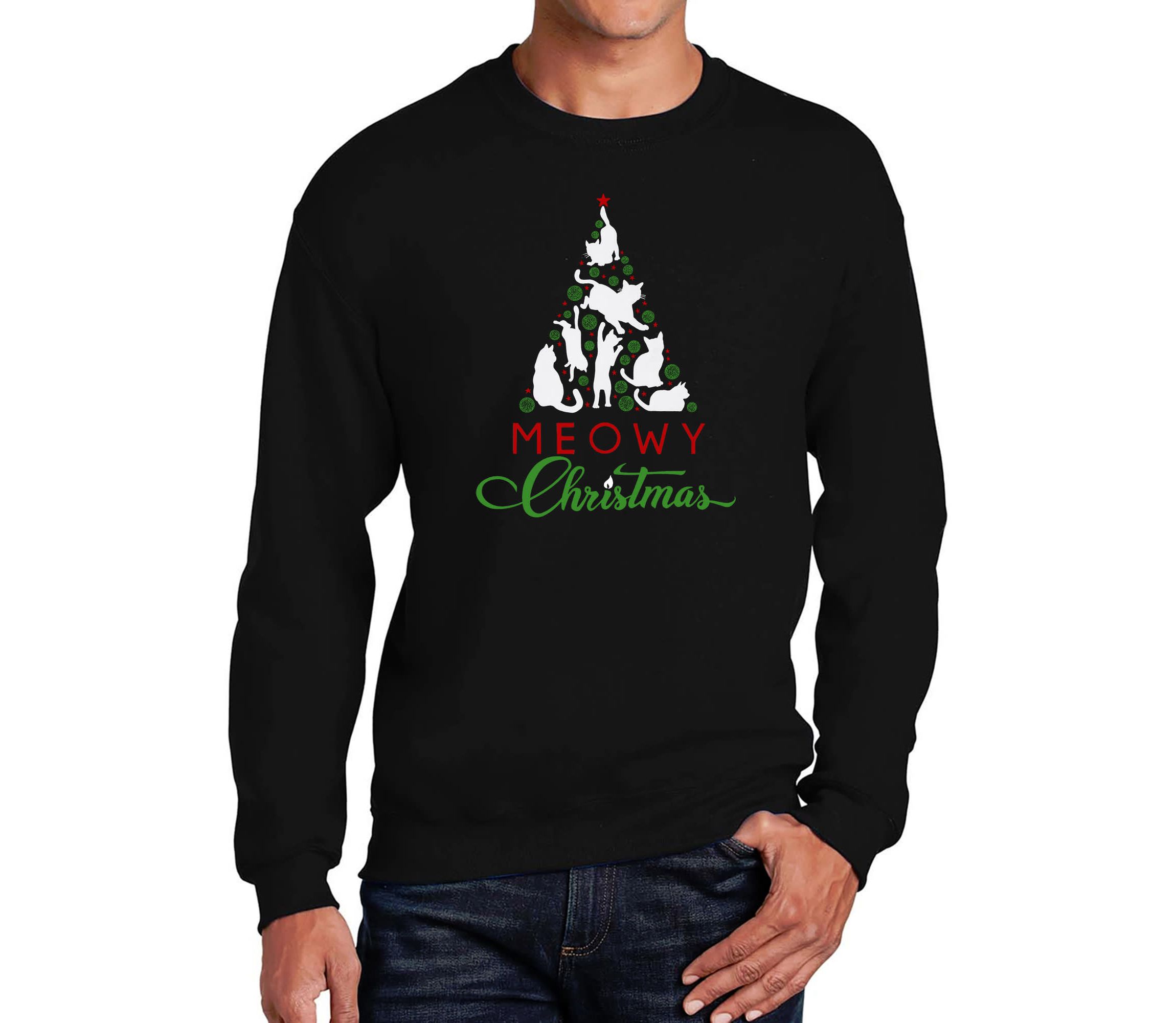 Mens Word Art Crewneck Sweatshirt - Meowy Christmas Tree