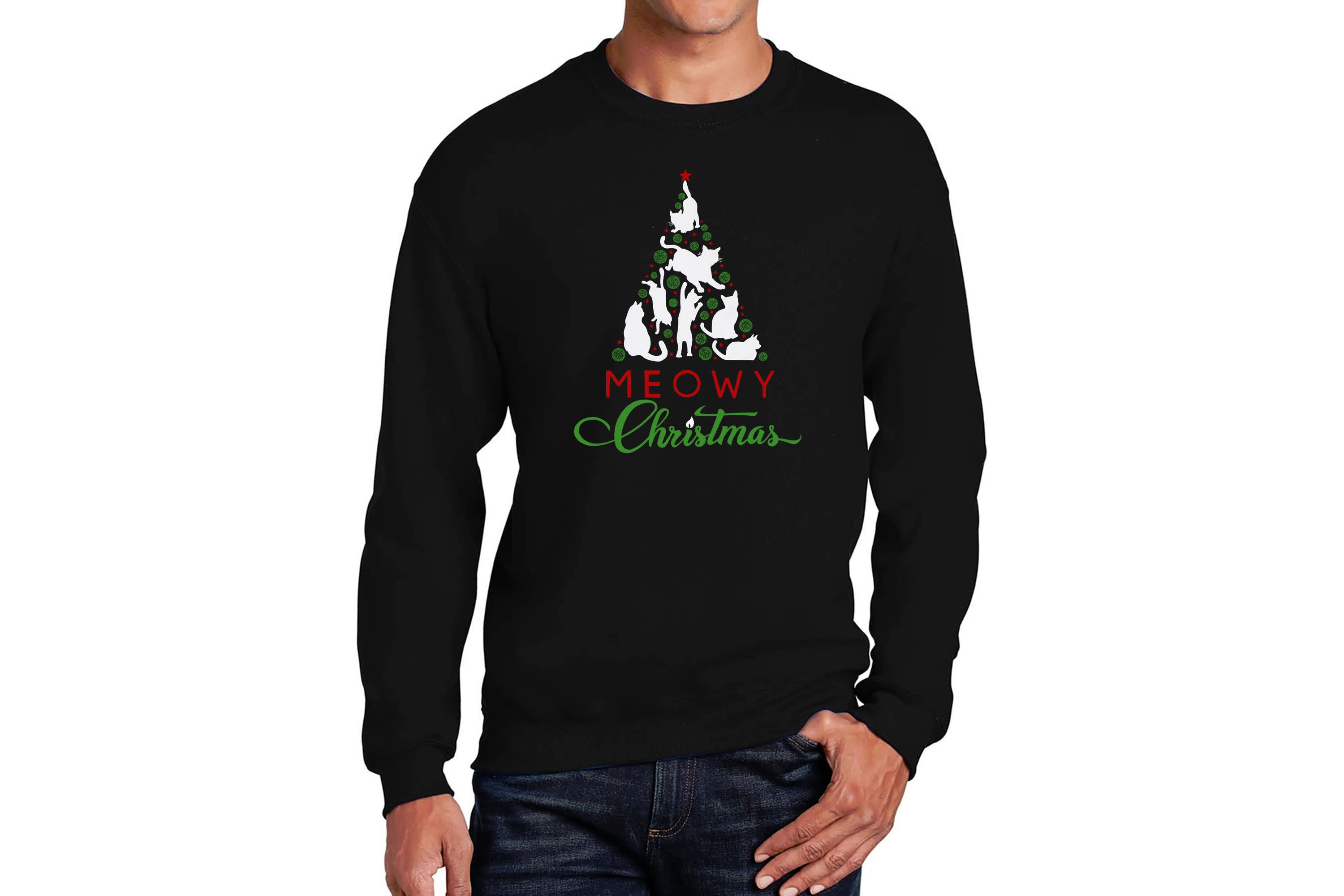Mens Word Art Crewneck Sweatshirt - Meowy Christmas Tree