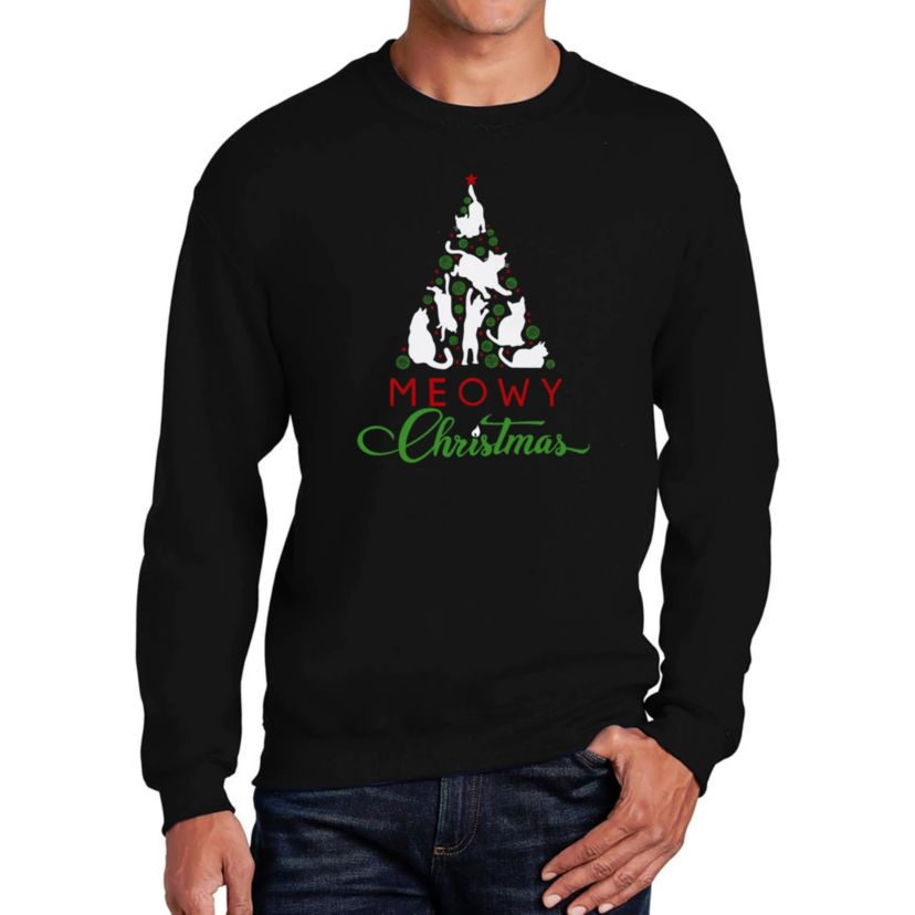 Mens Word Art Crewneck Sweatshirt - Meowy Christmas Tree