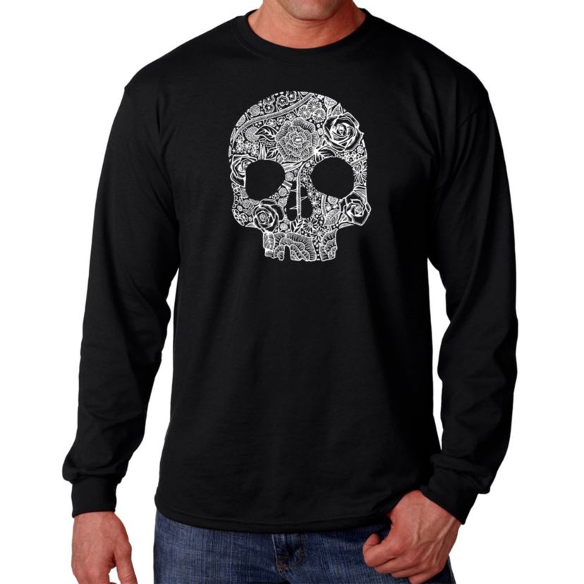 Mens Word Art Long Sleeve T-shirt - Flower Skull