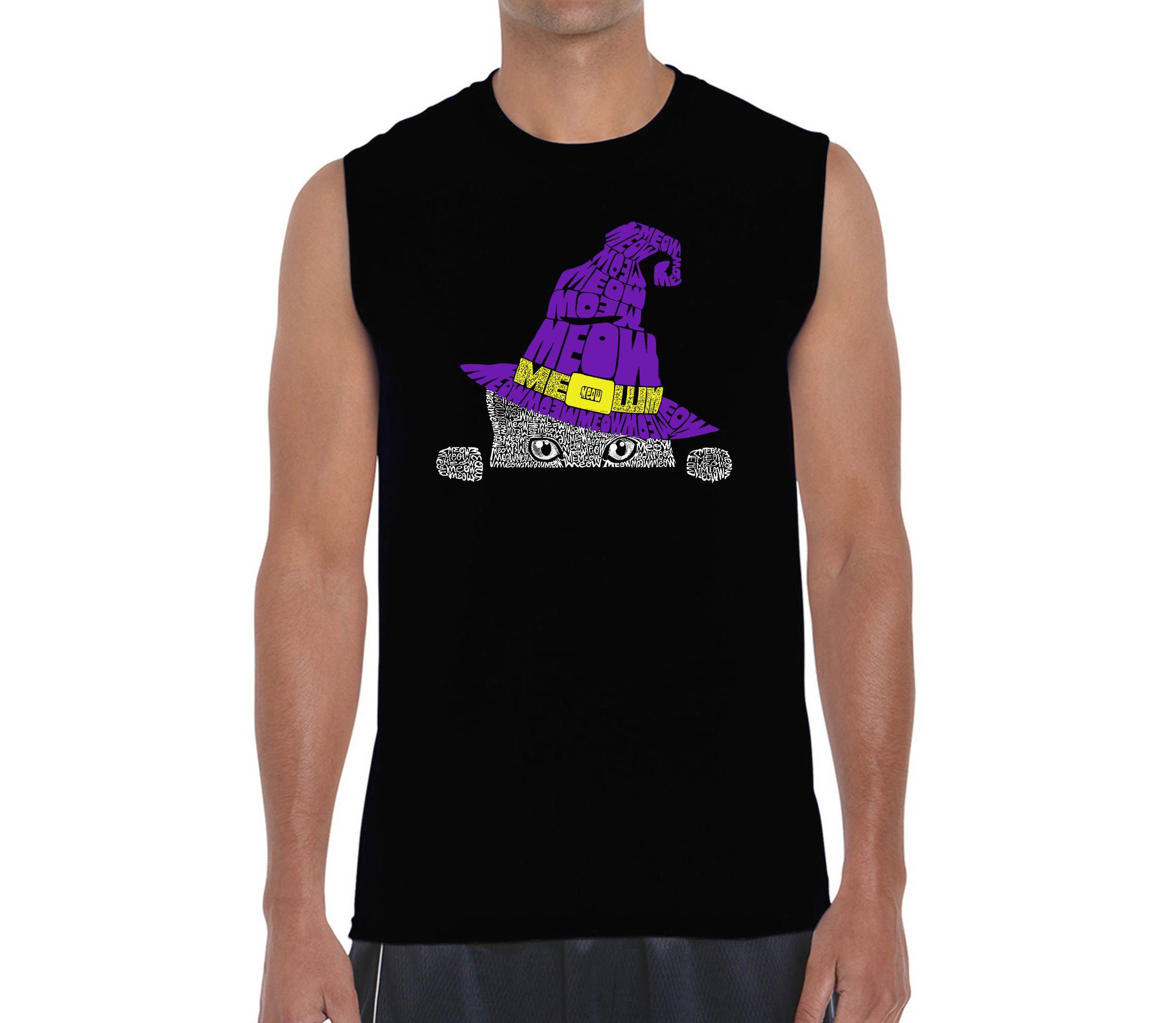 Mens Word Art Sleeveless T-Shirt - Peeking Witch Cat