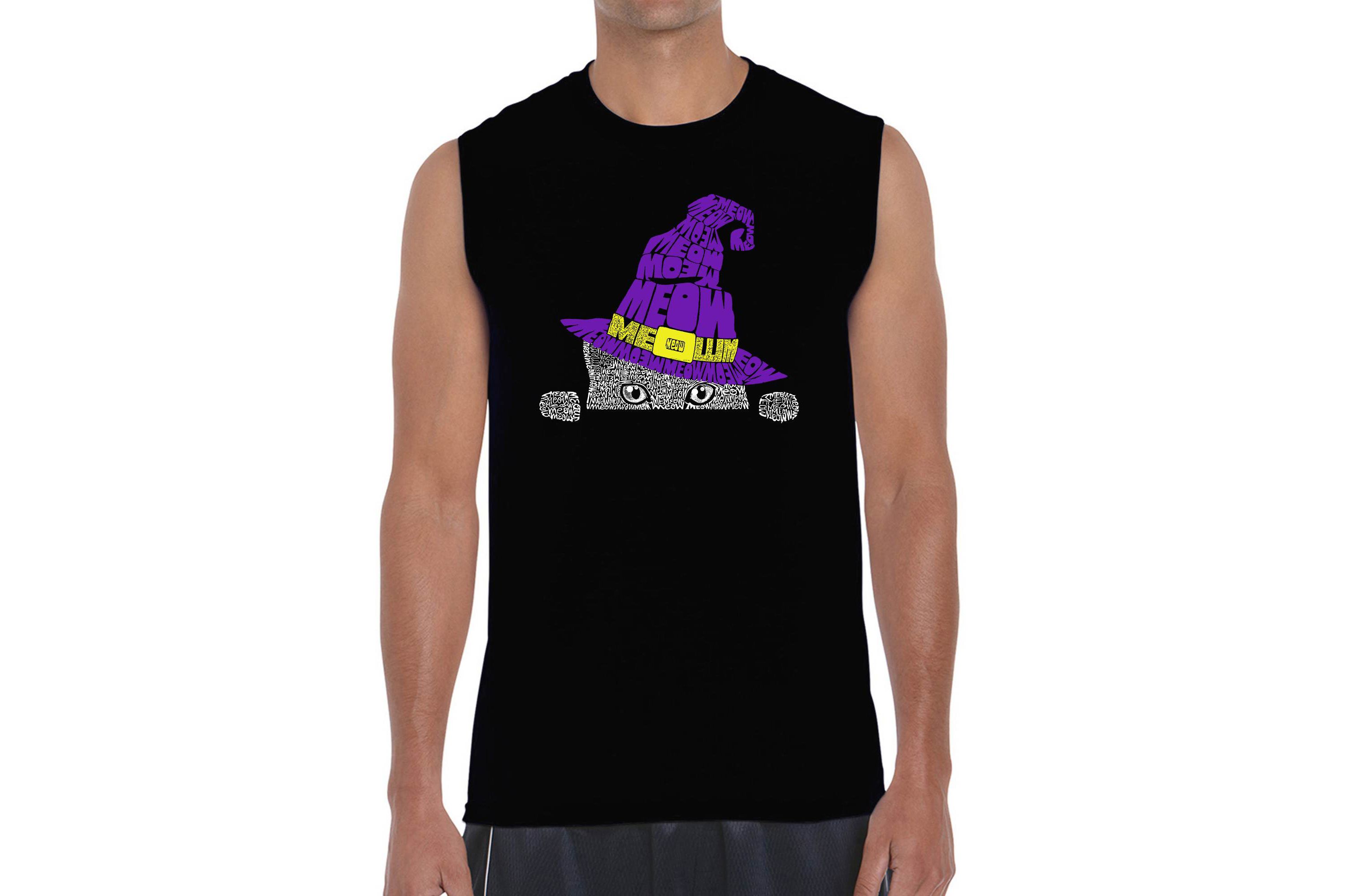 Mens Word Art Sleeveless T-Shirt - Peeking Witch Cat