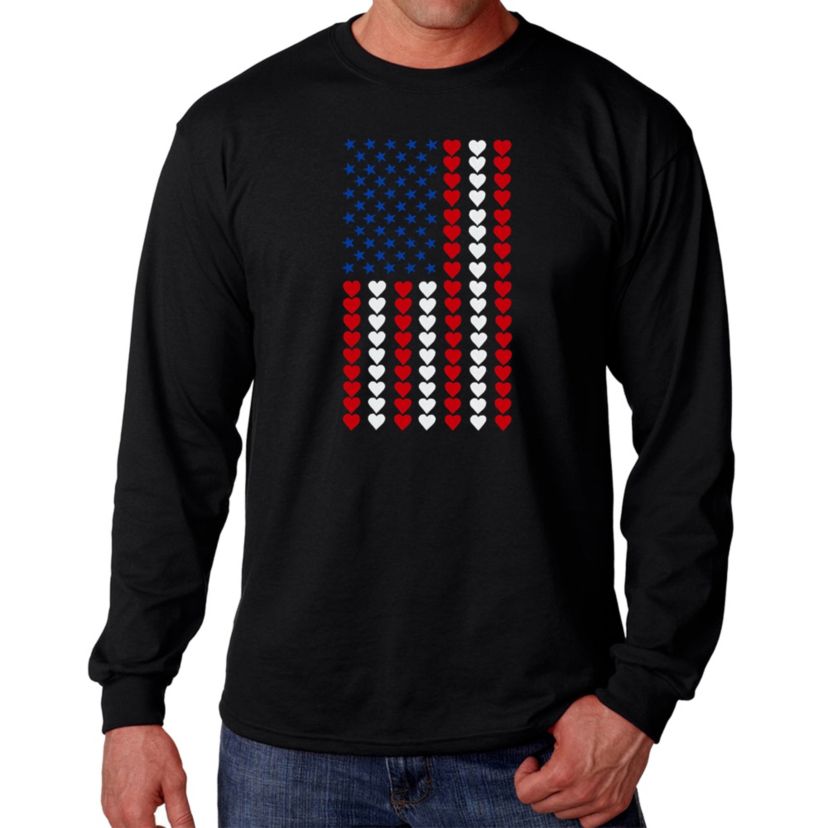 Mens Word Art Long Sleeve T-Shirt - Heart Flag