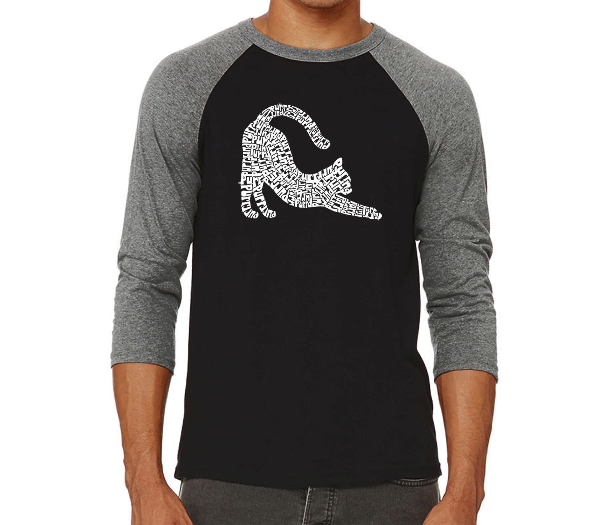 Mens Raglan Baseball Word Art T-Shirt - Stretching Cat