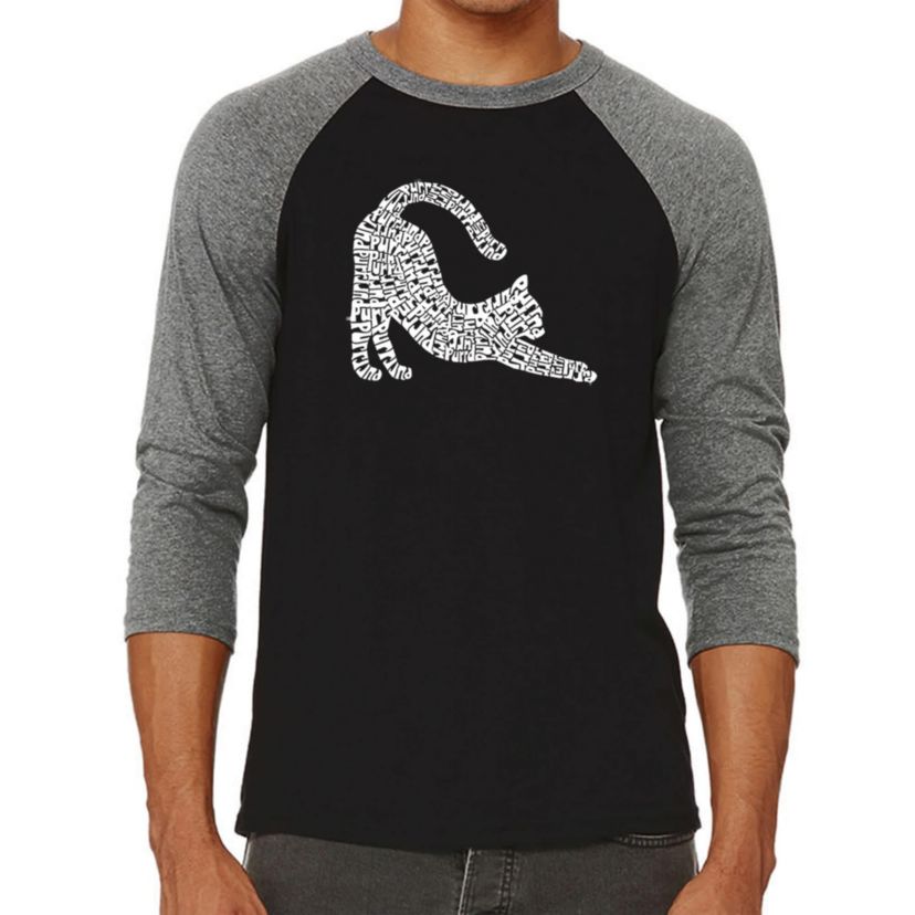 Mens Raglan Baseball Word Art T-Shirt - Stretching Cat