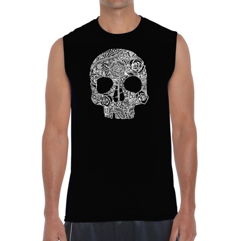 Mens Word Art Sleeveless T-shirt - Flower Skull