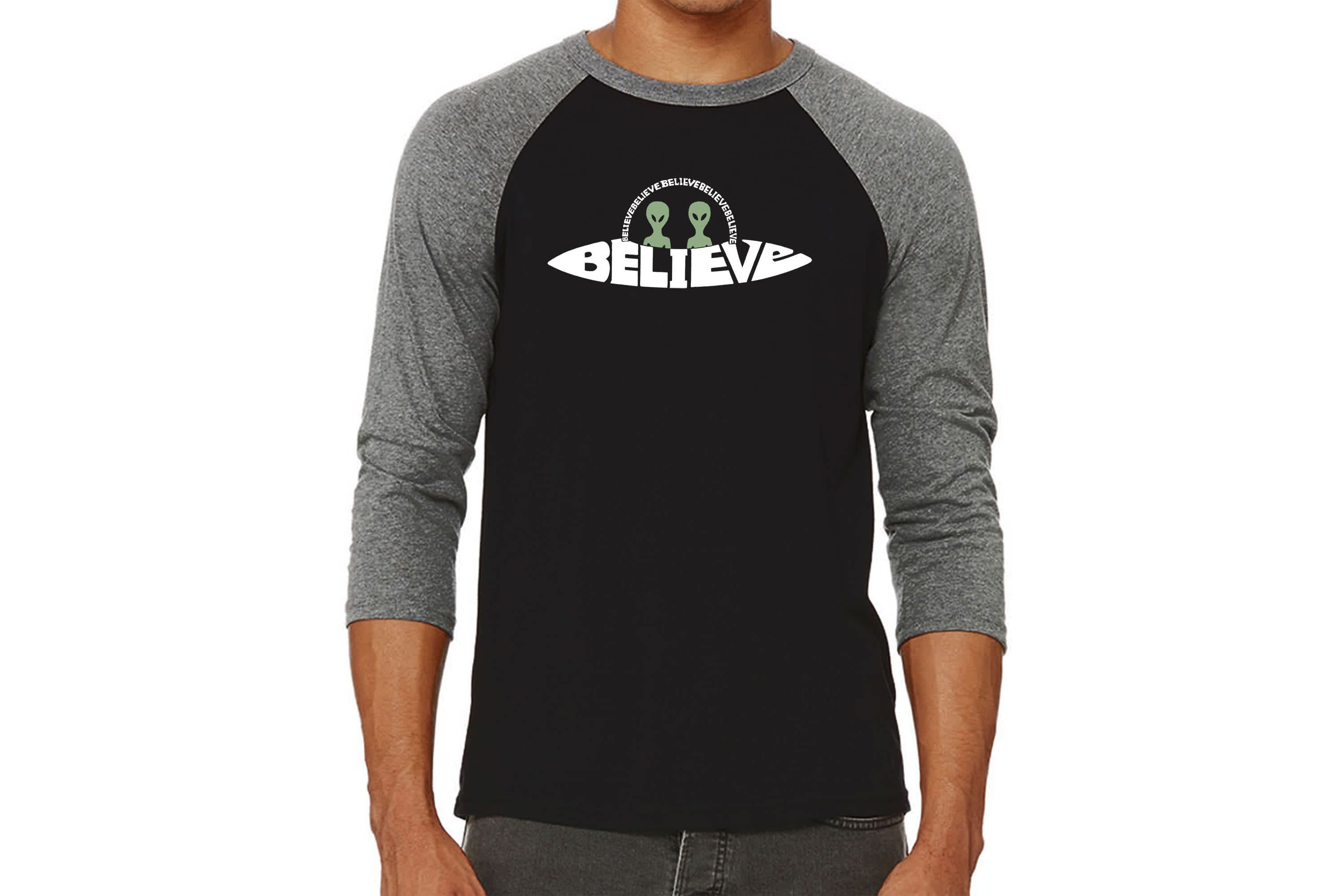 Mens Raglan Baseball Word Art T-Shirt  - Believe UFO