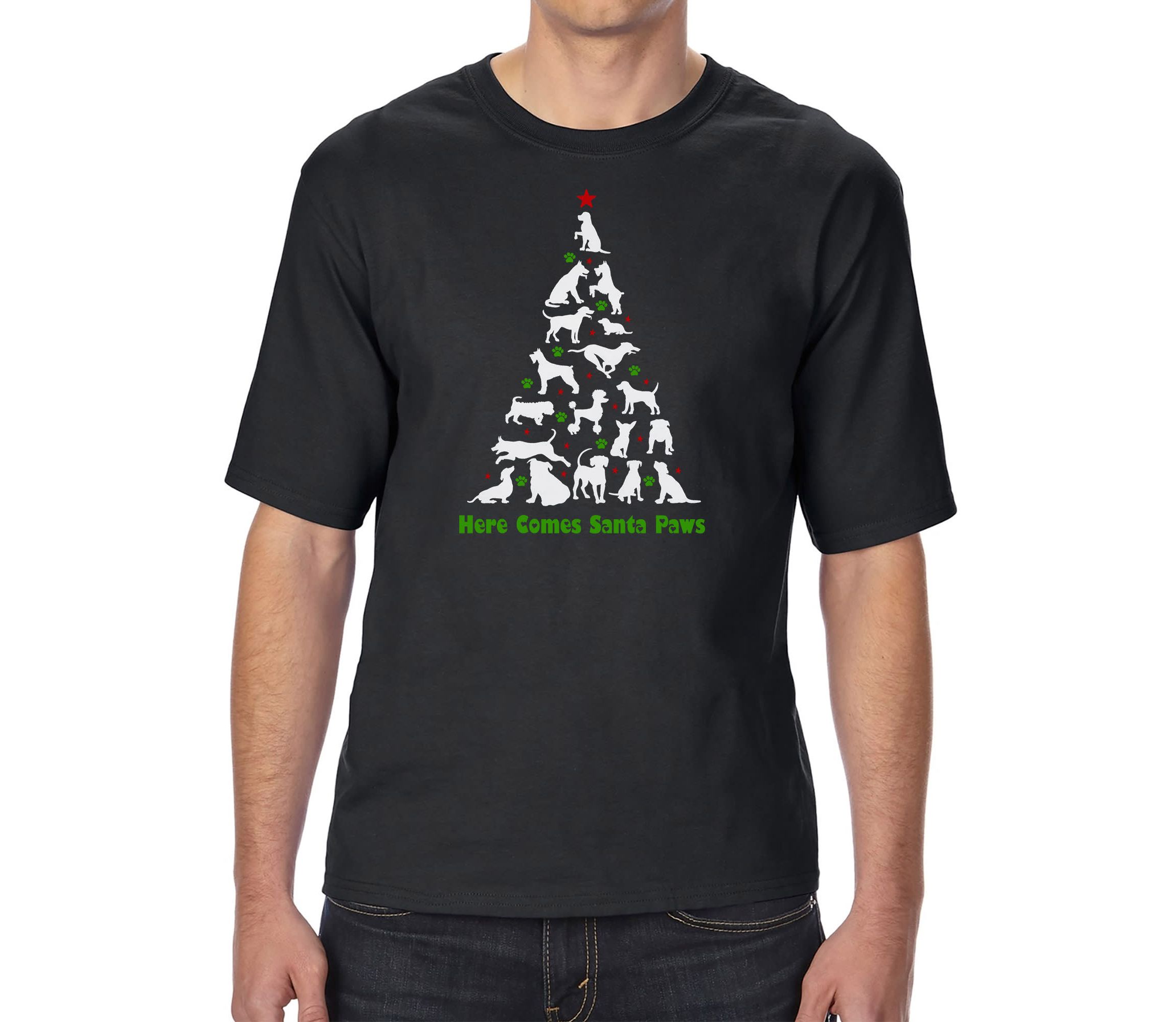 Mens Tall and Long Word Art T-Shirt - Here Comes Santa Paws