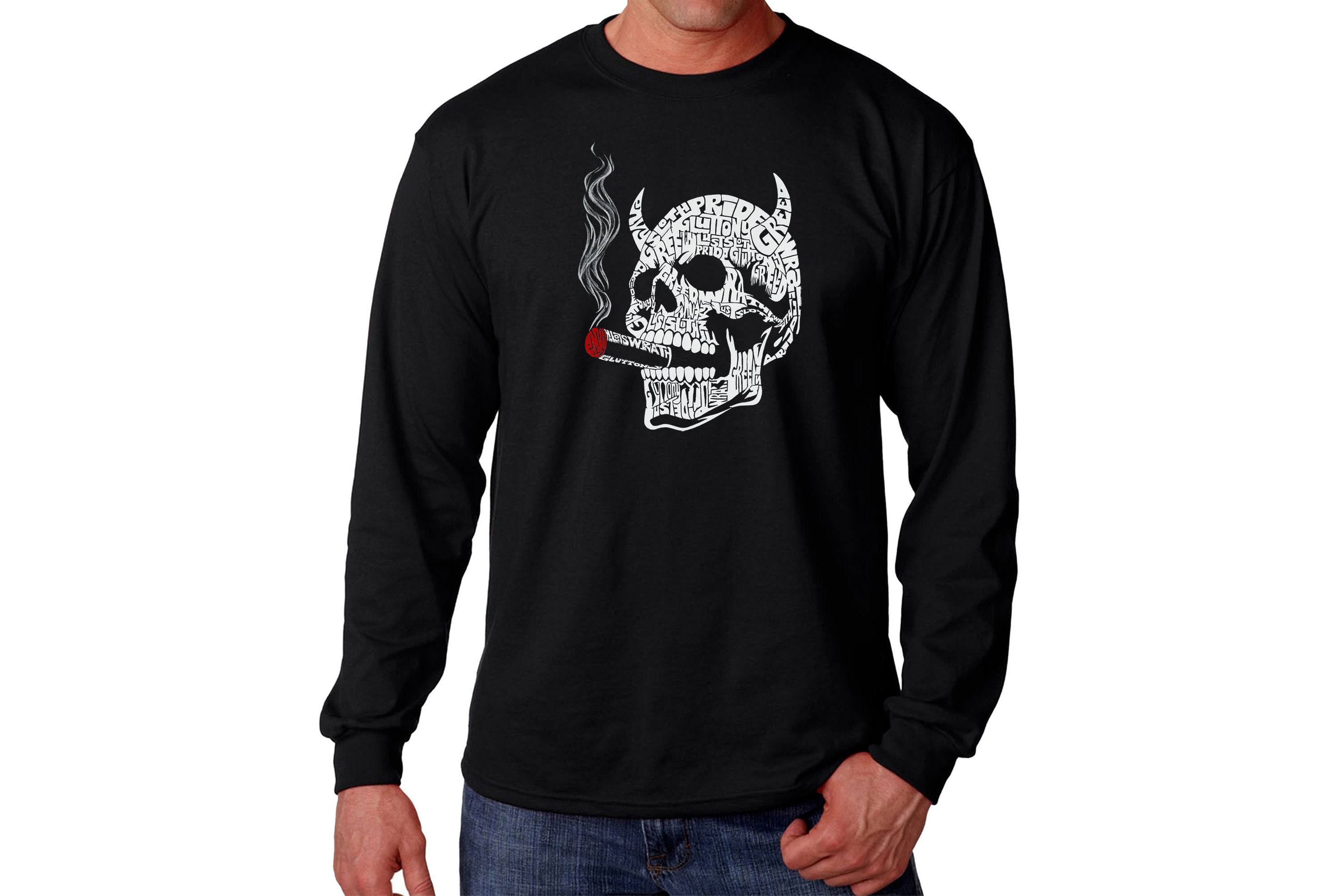 Mens Word Art Long Sleeve T-Shirt - 7 Deadly Sins Skull