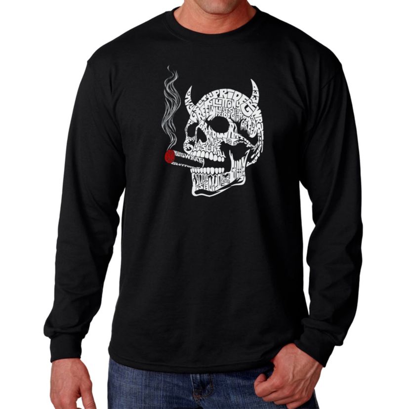 Mens Word Art Long Sleeve T-Shirt - 7 Deadly Sins Skull