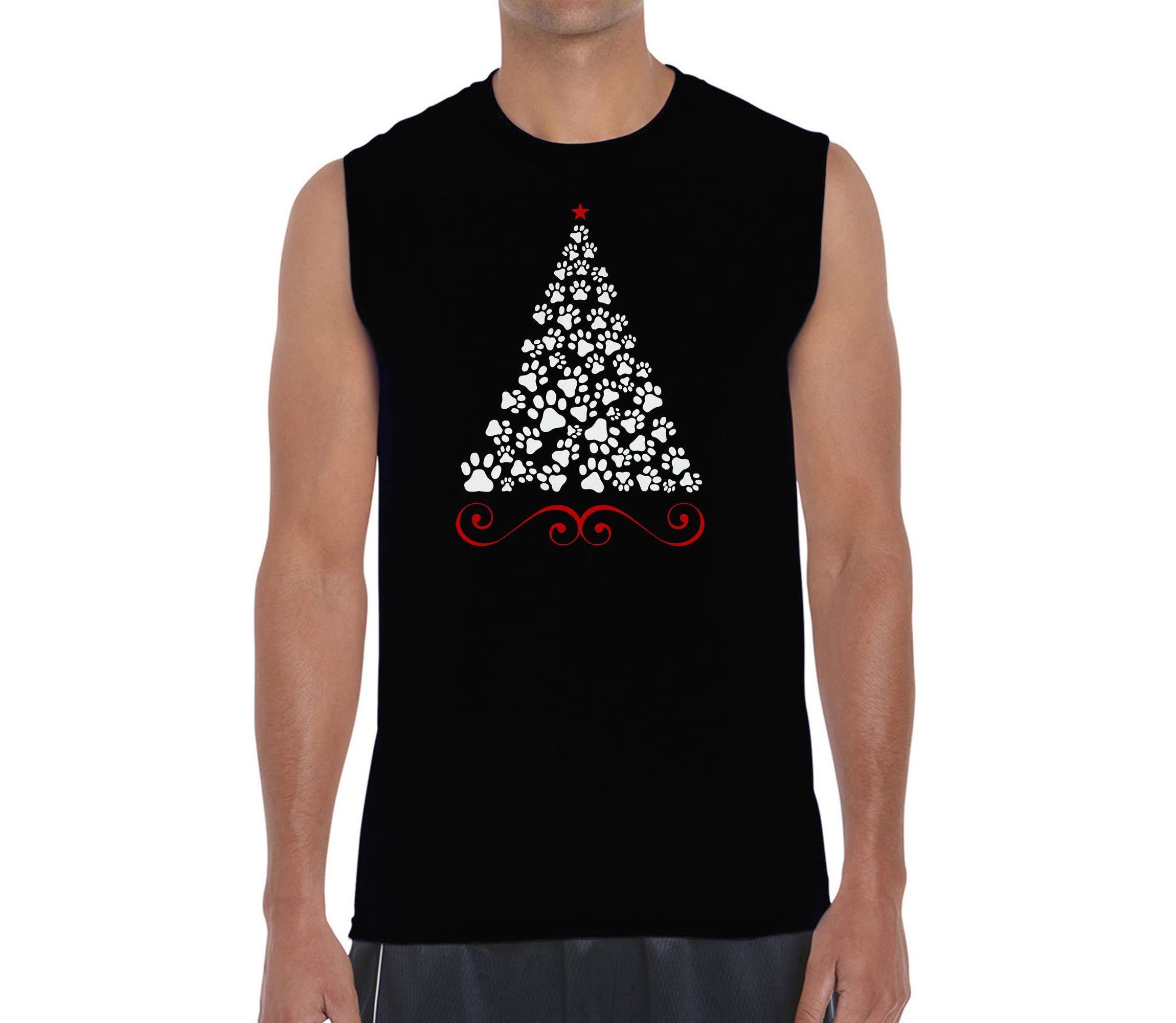 Mens Word Art Sleeveless T-Shirt - Paw Christmas Tree