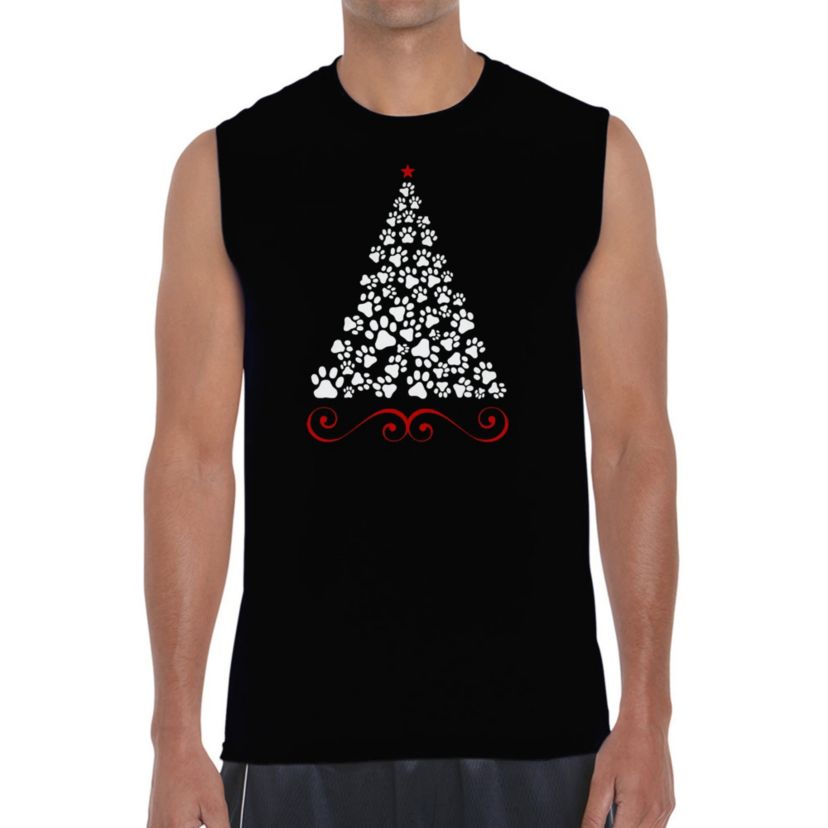 Mens Word Art Sleeveless T-Shirt - Paw Christmas Tree