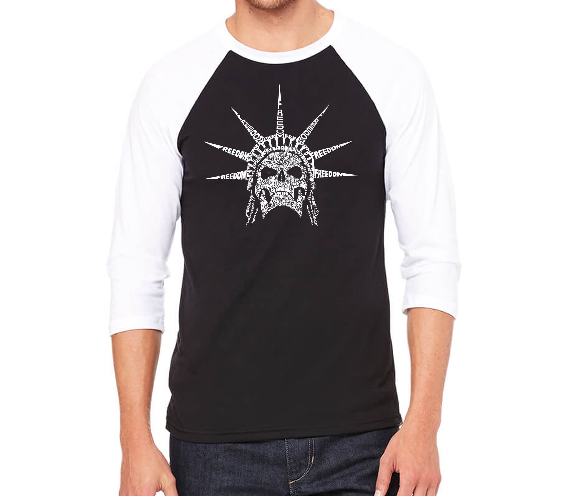 Mens Raglan Baseball Word Art T-shirt - Freedom Skull