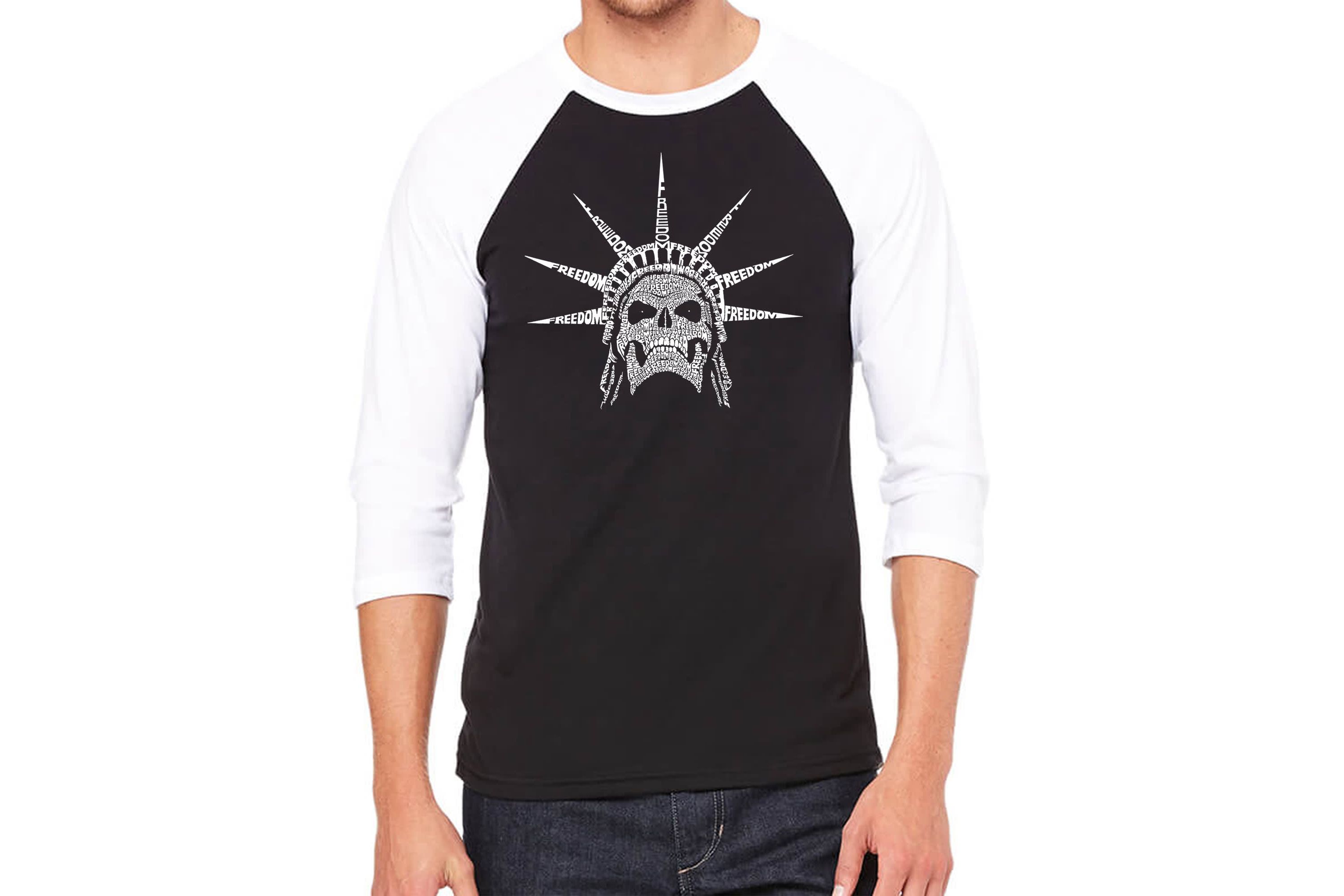 Mens Raglan Baseball Word Art T-shirt - Freedom Skull