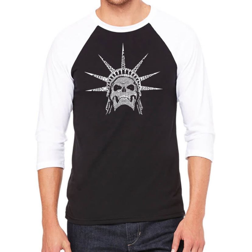 Mens Raglan Baseball Word Art T-shirt - Freedom Skull