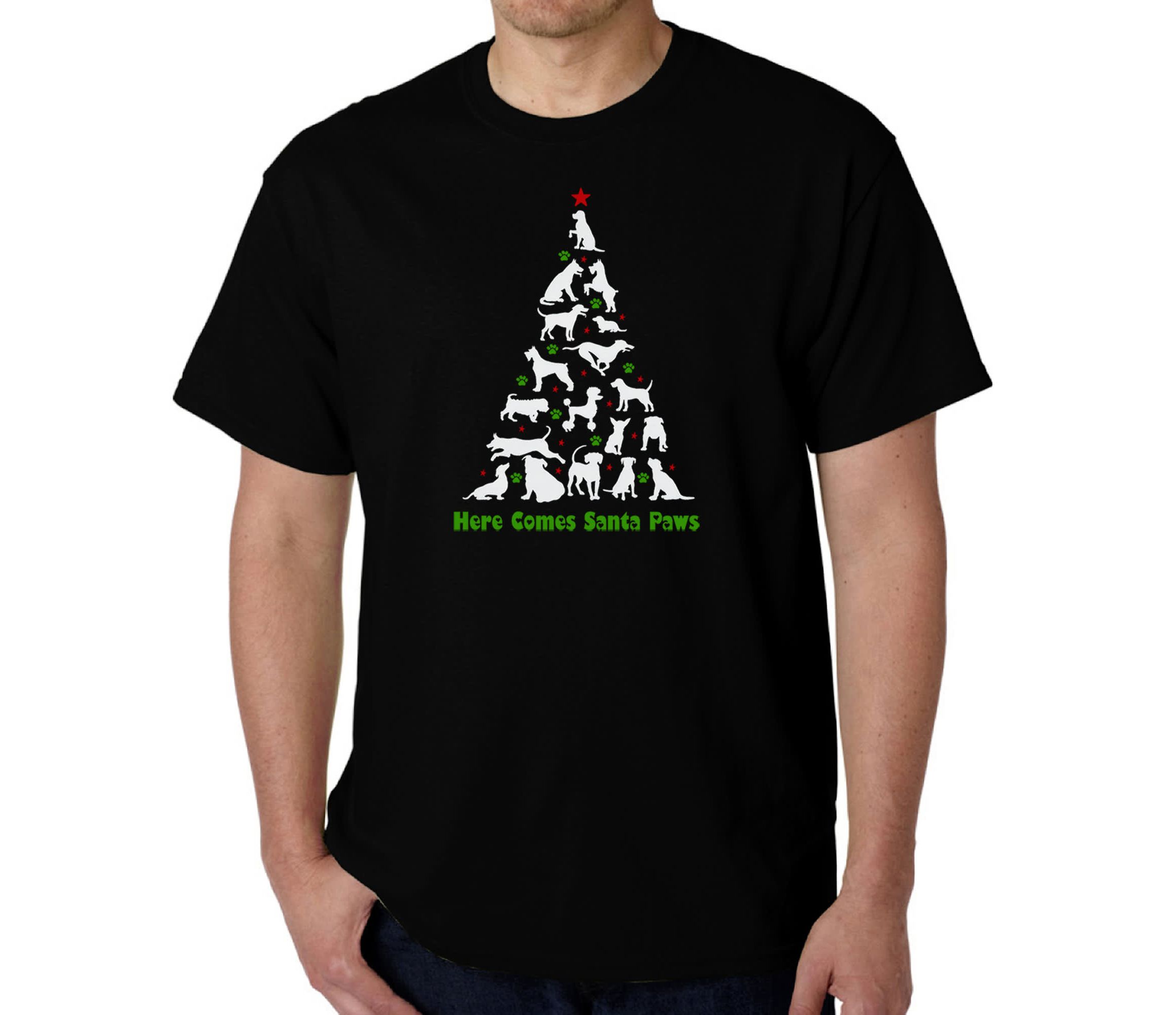 Mens Word Art T-Shirt - Here Comes Santa Paws