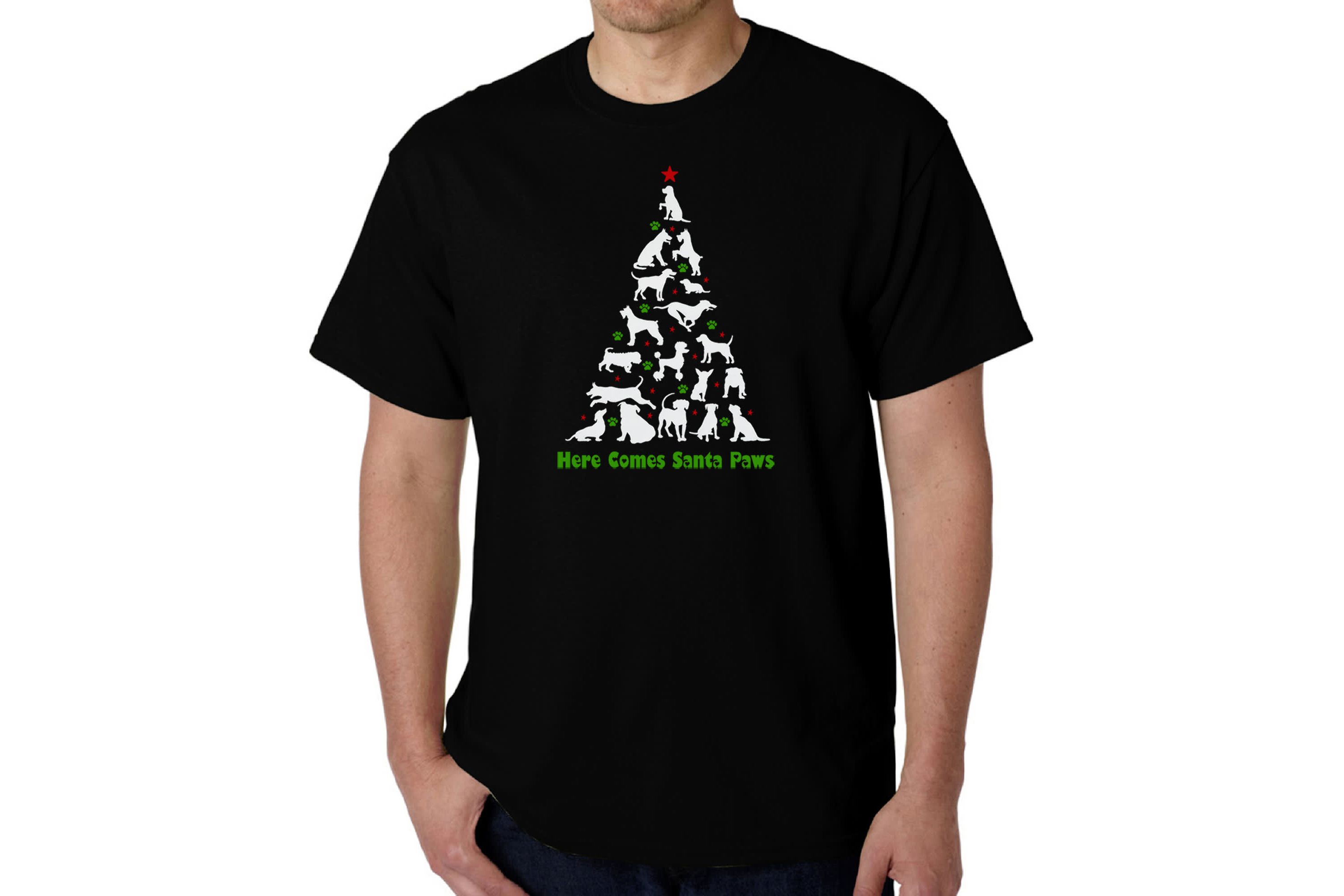 Mens Word Art T-Shirt - Here Comes Santa Paws