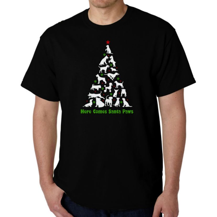 Mens Word Art T-Shirt - Here Comes Santa Paws