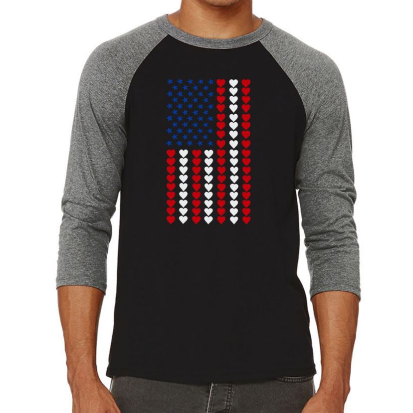 Mens Raglan Baseball Word Art T-Shirt - Heart Flag
