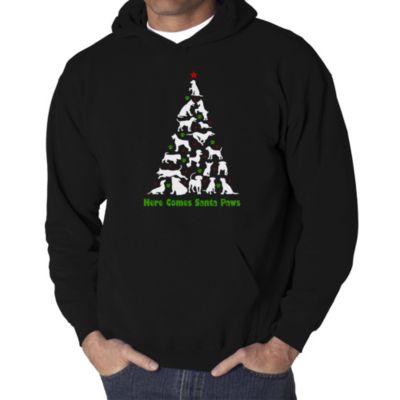 LA Pop Art Men's Word Art Hooded Sweatshirt - Here Comes Santa Paws, Black, 4XL
