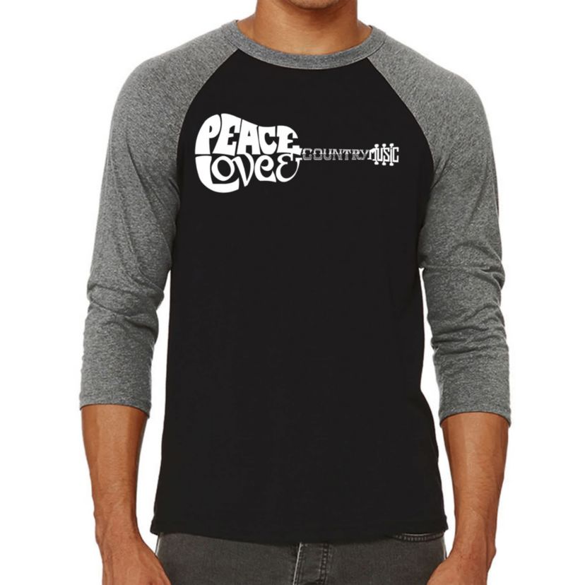 Mens Raglan Baseball Word Art T-shirt - Peace Love Country