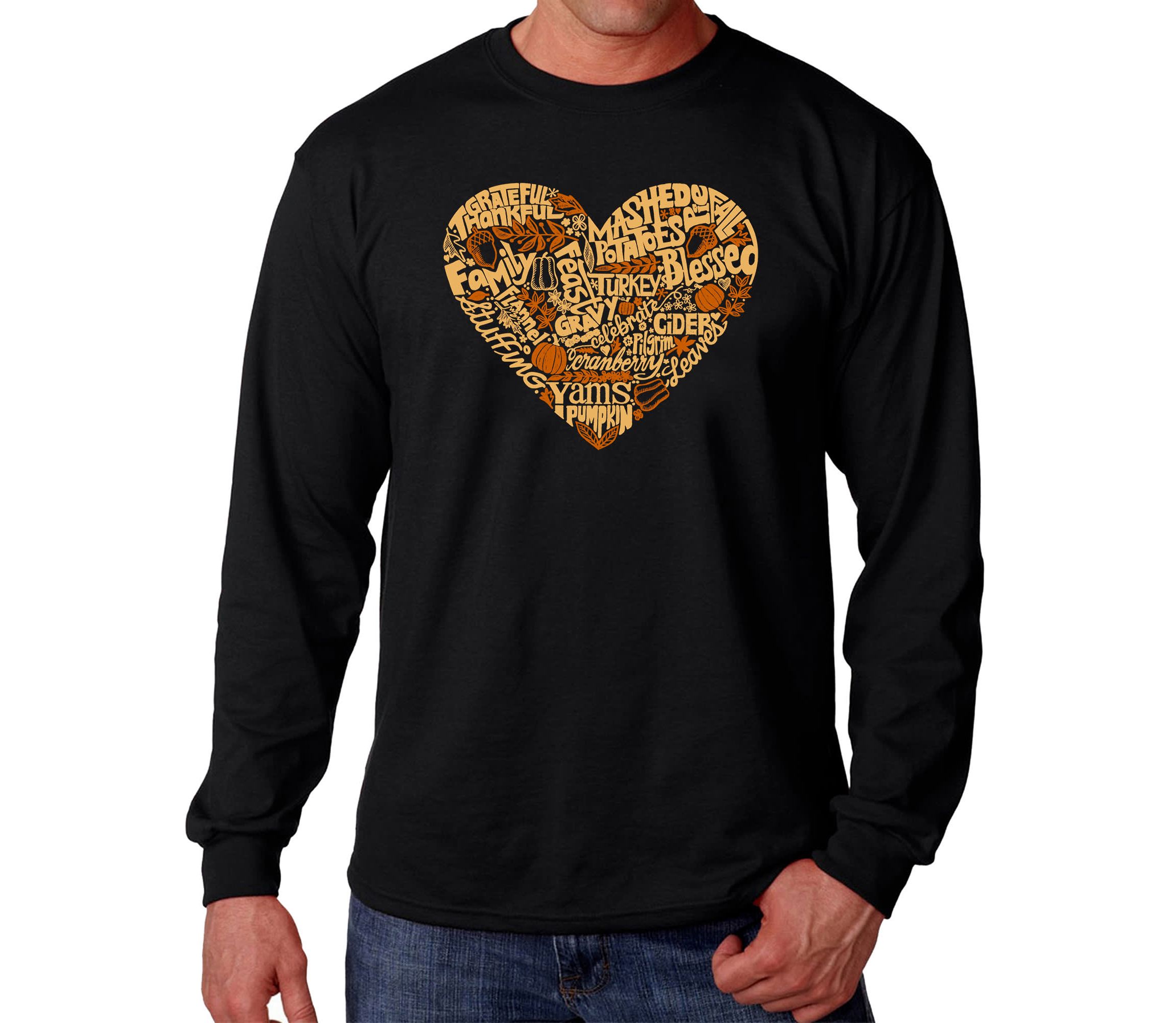 Mens Word Art Long Sleeve T-Shirt - Thanksgiving Heart